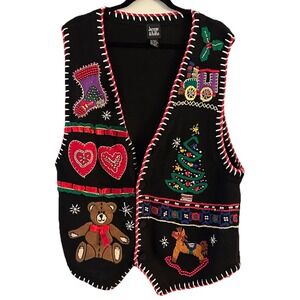 Vtg Jacque & Koko Holiday Sweater Vest Sz 14/16 Beads Christmas Tree Teddy Bear‎